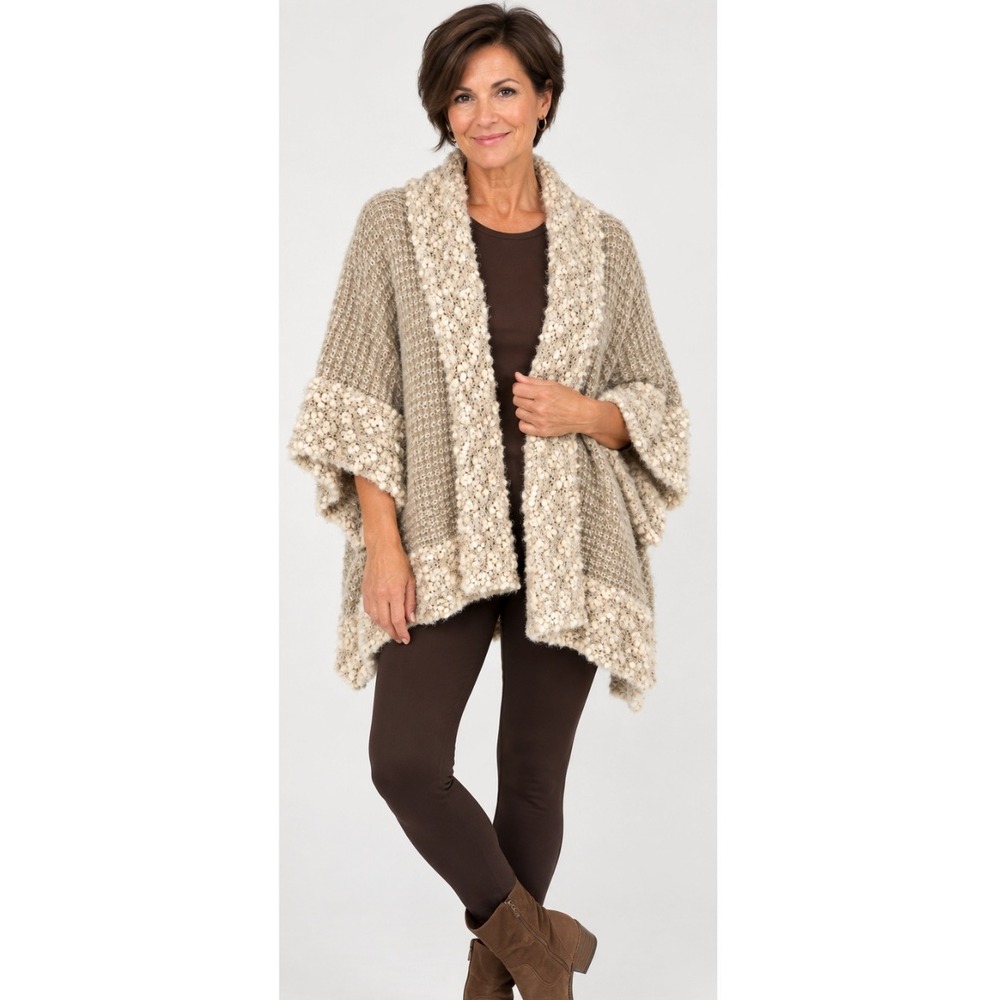 Simply Noelle Poncho Wrap Women One Size Tan Popcorn Trim Sleeves